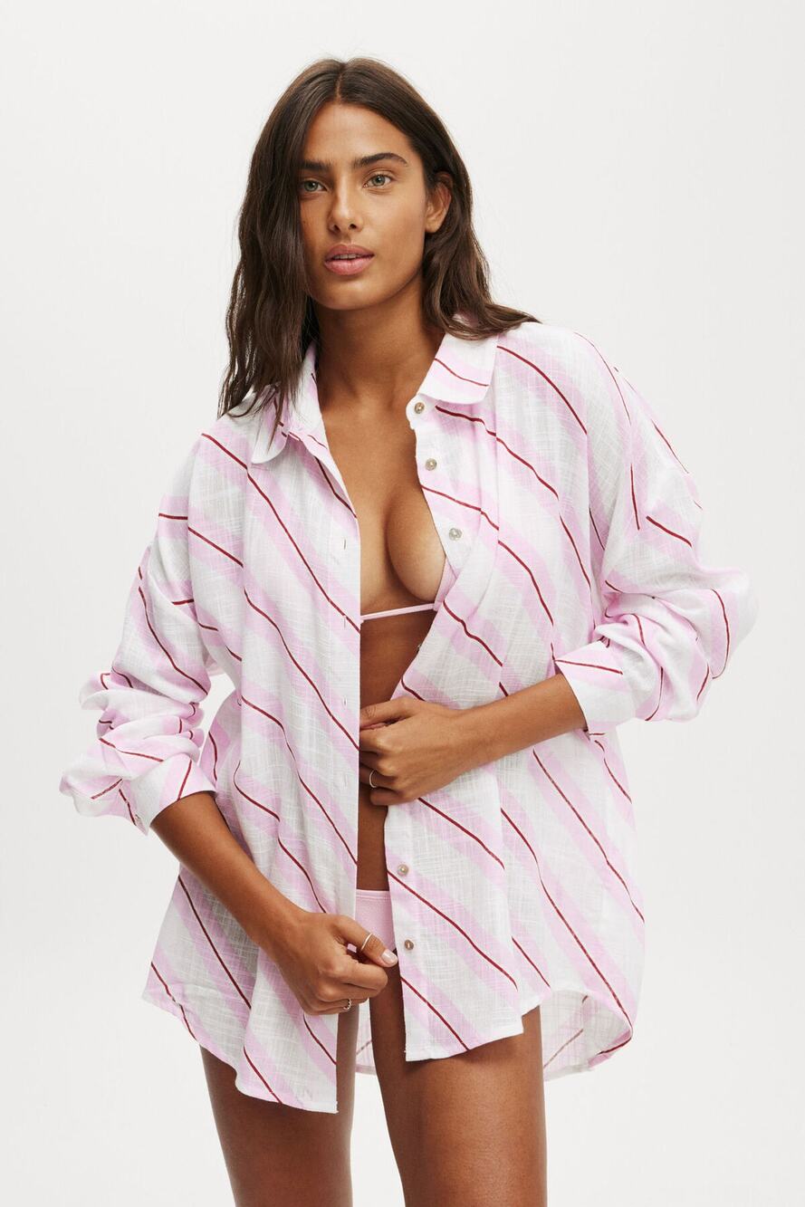 Cotton On Body The Essential Beach Shirt White Pink Red Stripe Size Large